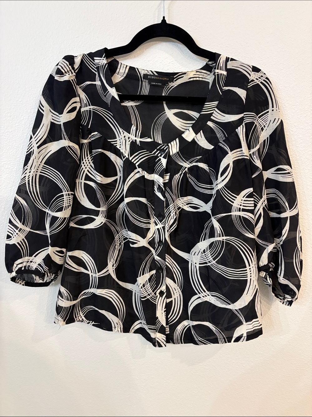BCBGMaxAzria Black Blouse with White Circle Print